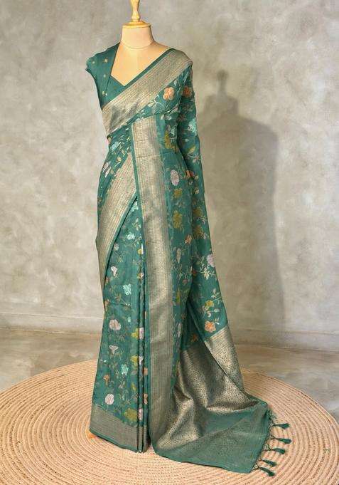 Emerald Green Semi Tusser Silk Tussar Saree With Traditional Woven Design For Women