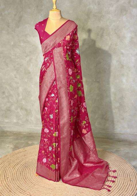 Dark Pink Semi Tusser Silk Tussar Saree With Traditional Woven Design For Women
