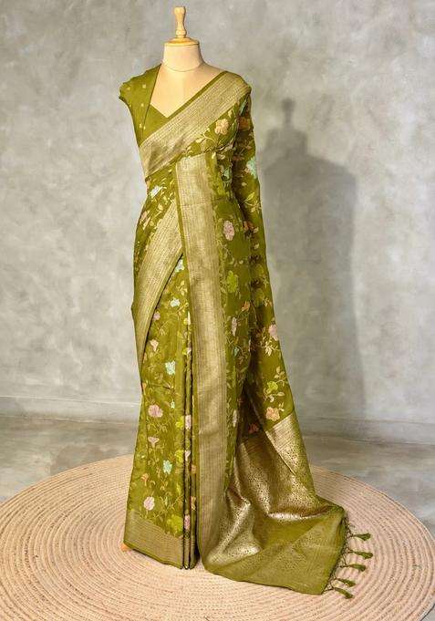 Olive Green Semi Tusser Silk Tussar Saree With Traditional Woven Design For Women