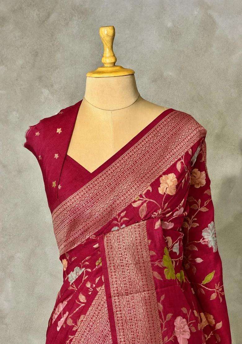 Light Wine Semi Tusser Silk Tussar Saree With Traditional Woven Design For Women - Indya
