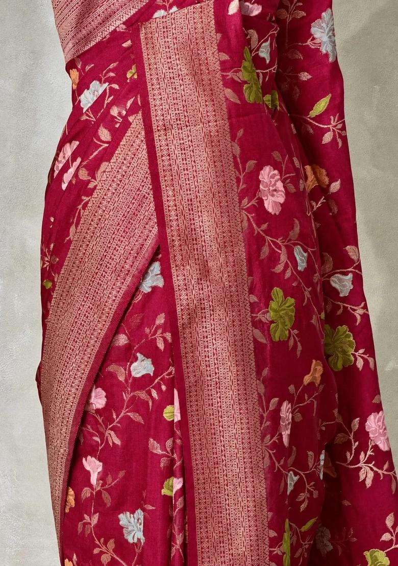 Light Wine Semi Tusser Silk Tussar Saree With Traditional Woven Design For Women - Indya