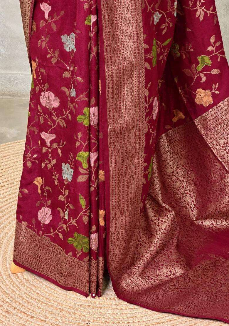 Light Wine Semi Tusser Silk Tussar Saree With Traditional Woven Design For Women - Indya