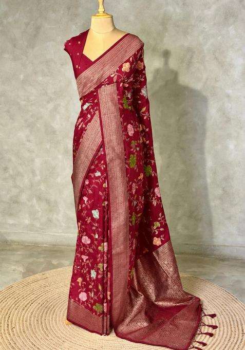 Light Wine Semi Tusser Silk Tussar Saree With Traditional Woven Design For Women