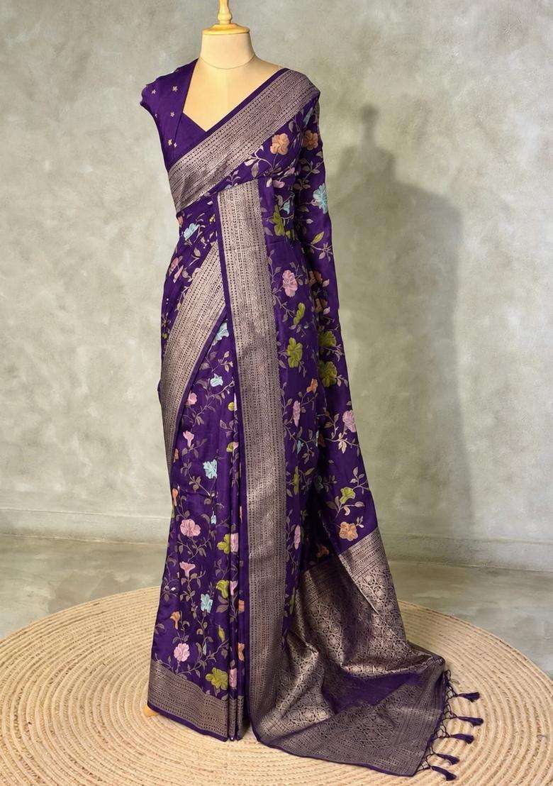 Violet Semi Tusser Silk Tussar Saree With Traditional Woven Design For Women - Indya