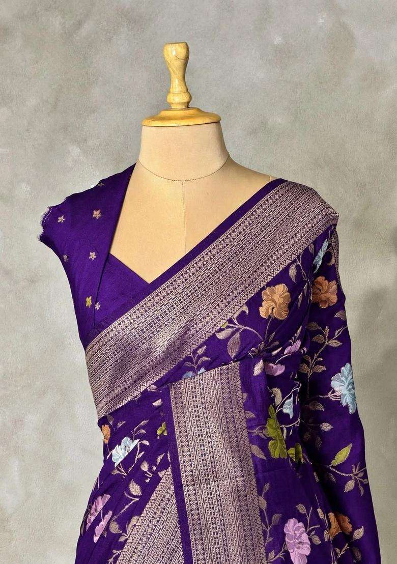 Violet Semi Tusser Silk Tussar Saree With Traditional Woven Design For Women - Indya