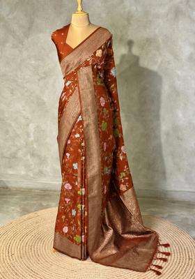 Rust Orange Semi Tusser Silk Tussar Saree With Traditional Woven Design For Women