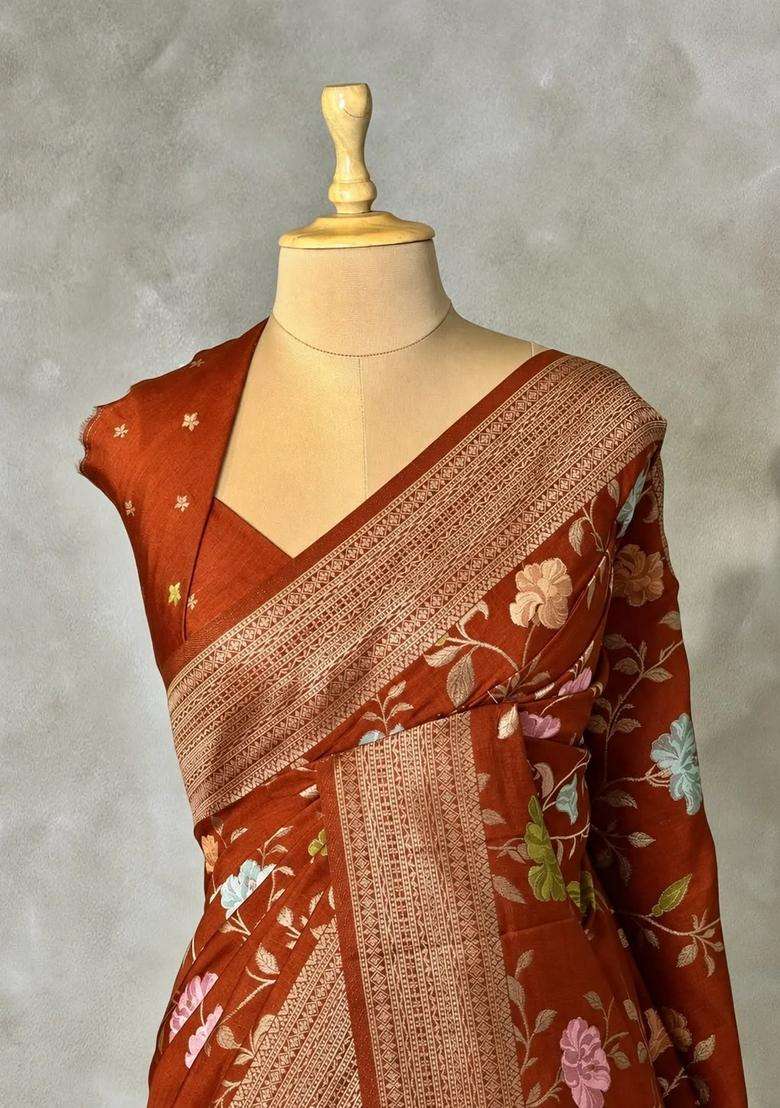 Rust Orange Semi Tusser Silk Tussar Saree With Traditional Woven Design For Women - Indya