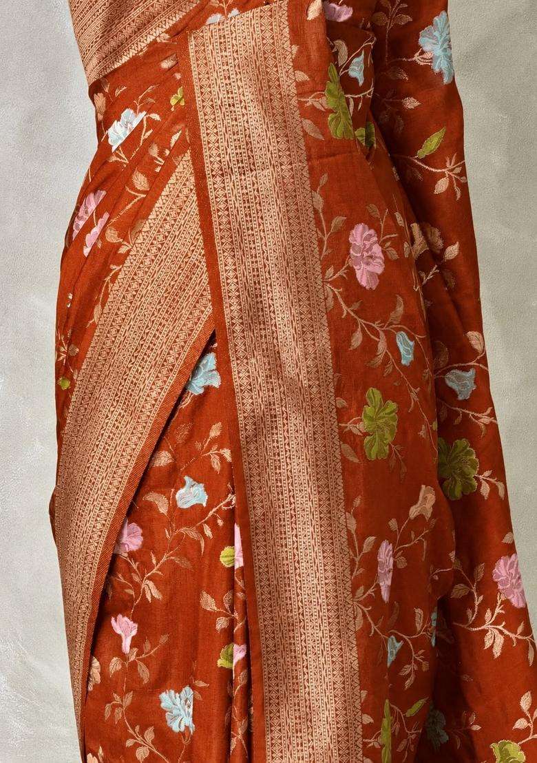 Rust Orange Semi Tusser Silk Tussar Saree With Traditional Woven Design For Women - Indya