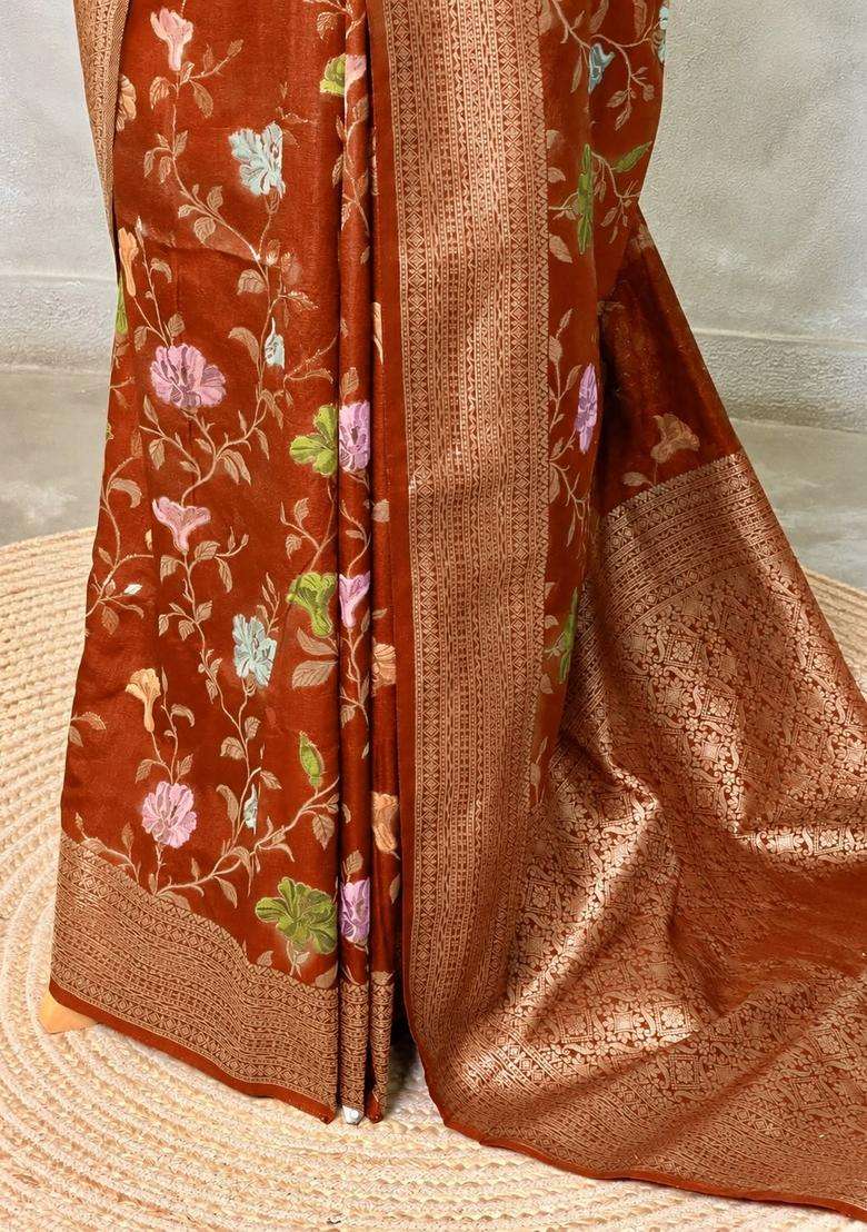 Rust Orange Semi Tusser Silk Tussar Saree With Traditional Woven Design For Women - Indya