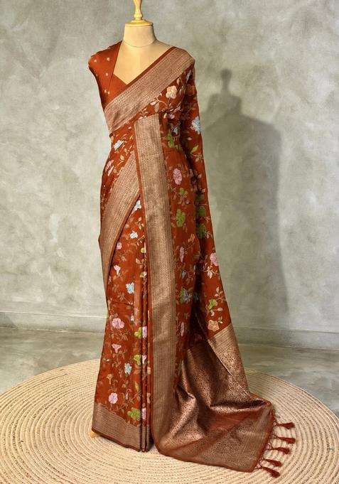 Rust Orange Semi Tusser Silk Tussar Saree With Traditional Woven Design For Women