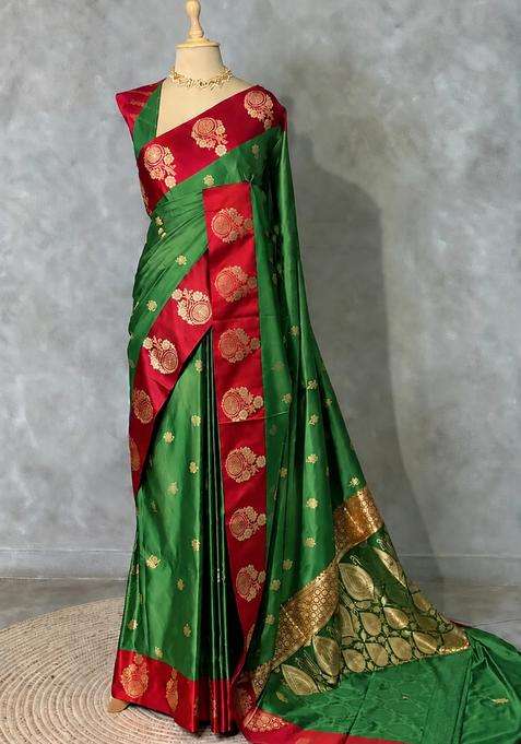 Green And Red Satin Banarasi Silk Saree With Traditional Woven Design For Women