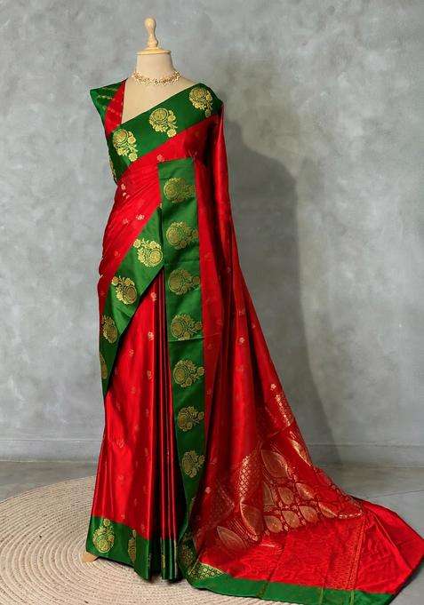 Red And Green Satin Banarasi Silk Saree With Traditional Woven Design For Women