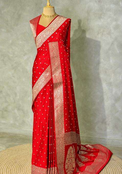 Red Pure Satin Banarasi Silk Saree With Traditional Woven Design For Women