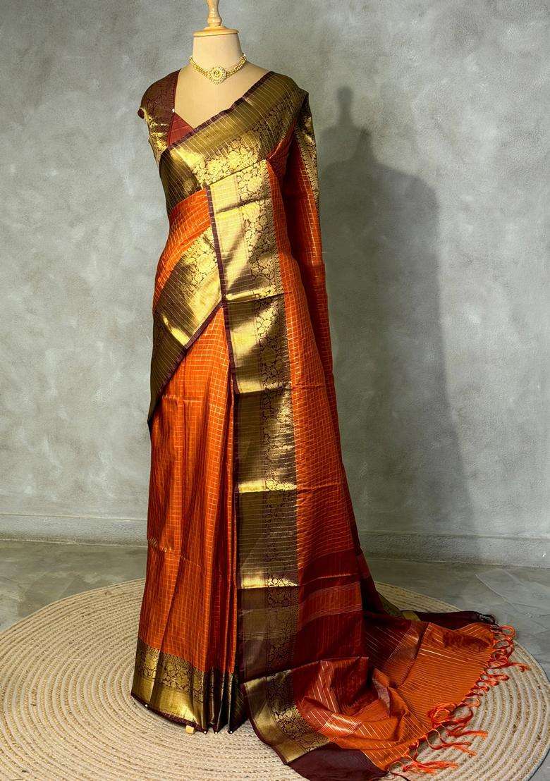 Rust Orange And Brown Banarasi Silk Saree With Traditional Woven Design For Women - Indya