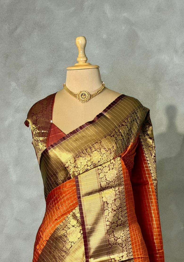 Rust Orange And Brown Banarasi Silk Saree With Traditional Woven Design For Women - Indya