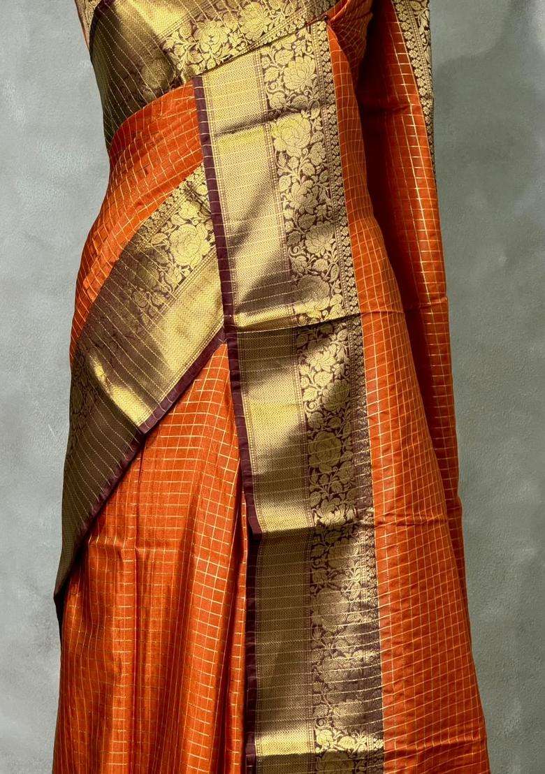 Rust Orange And Brown Banarasi Silk Saree With Traditional Woven Design For Women - Indya