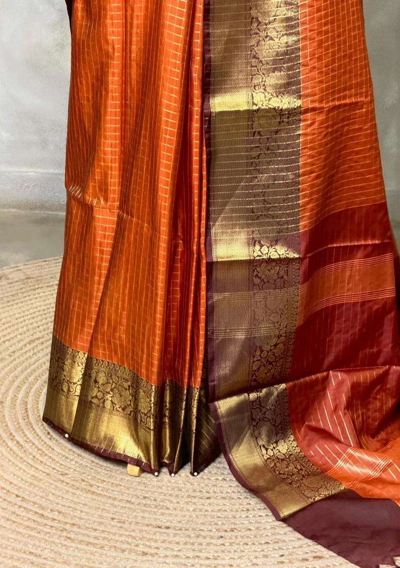Rust Orange And Brown Banarasi Silk Saree With Traditional Woven Design For Women - Indya