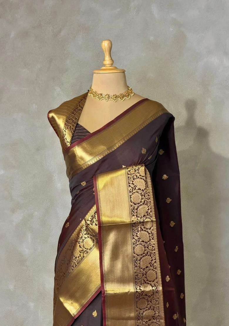 Rust Orange And Brown Banarasi Silk Saree With Traditional Woven Design For Women - Indya
