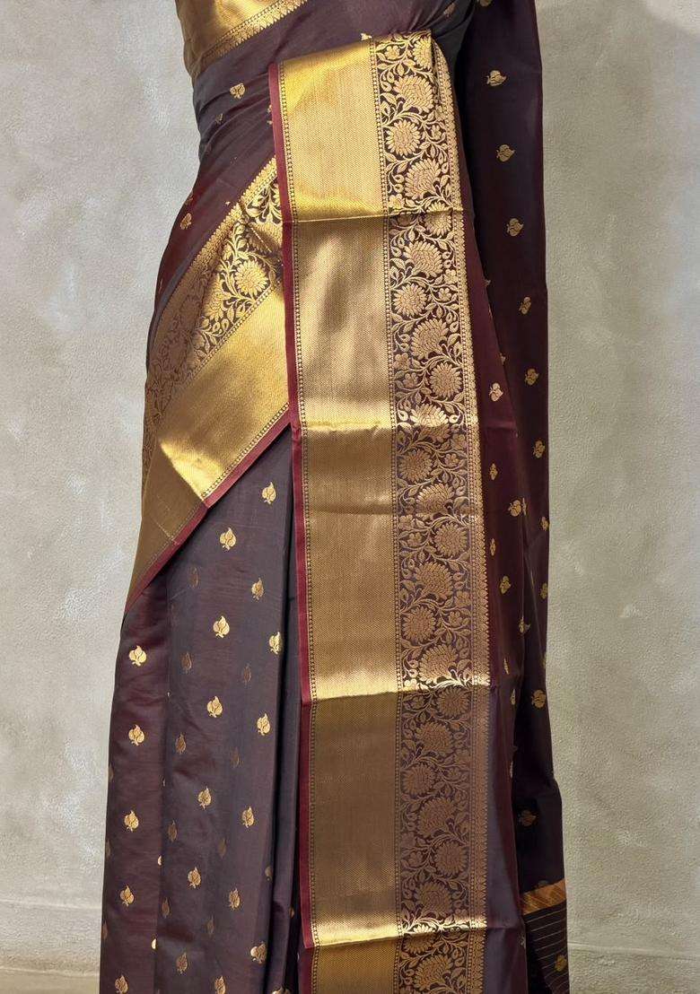 Rust Orange And Brown Banarasi Silk Saree With Traditional Woven Design For Women - Indya