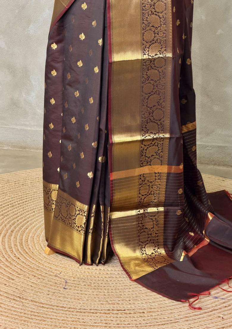 Rust Orange And Brown Banarasi Silk Saree With Traditional Woven Design For Women - Indya