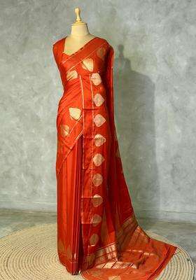 Rust Orange Crape Silk Saree With Traditional Woven Design For Women