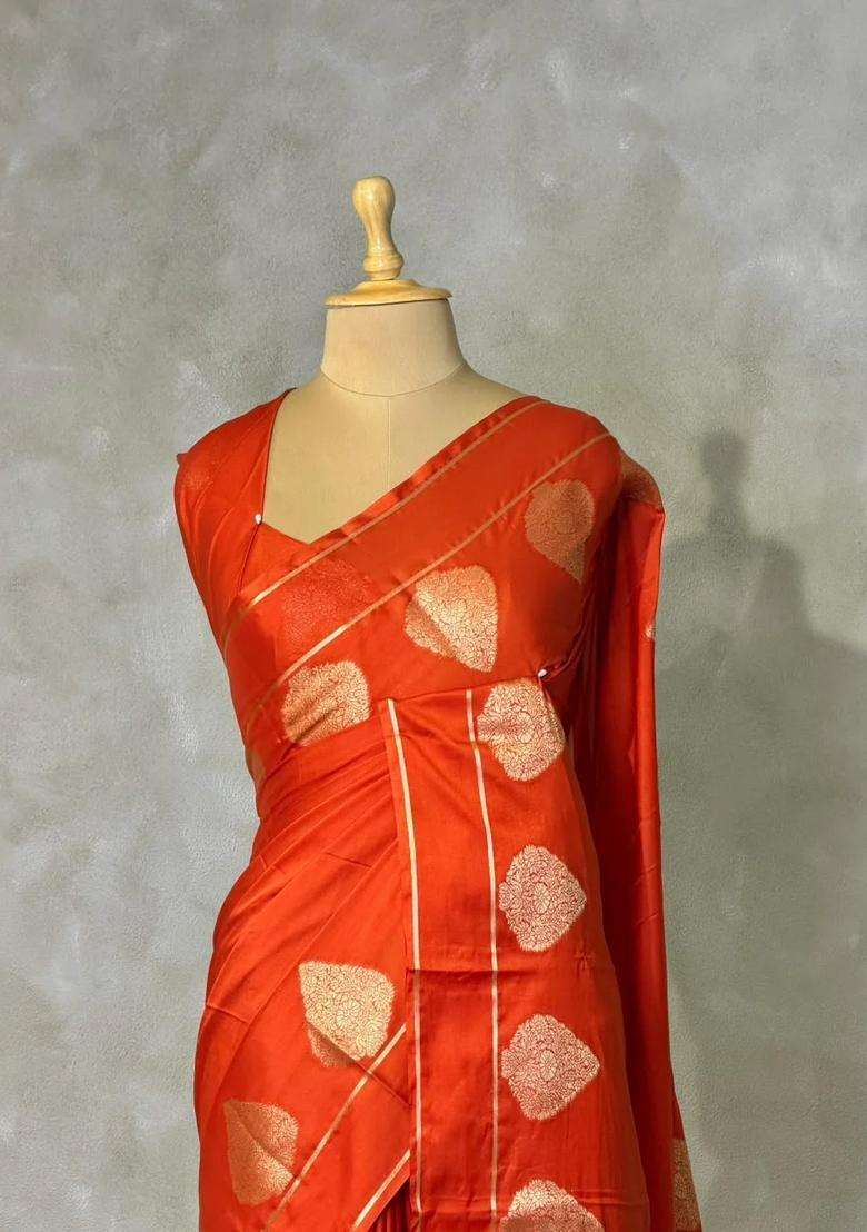 Rust Orange Crape Silk Saree With Traditional Woven Design For Women - Indya