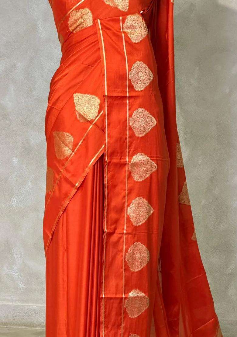 Rust Orange Crape Silk Saree With Traditional Woven Design For Women - Indya