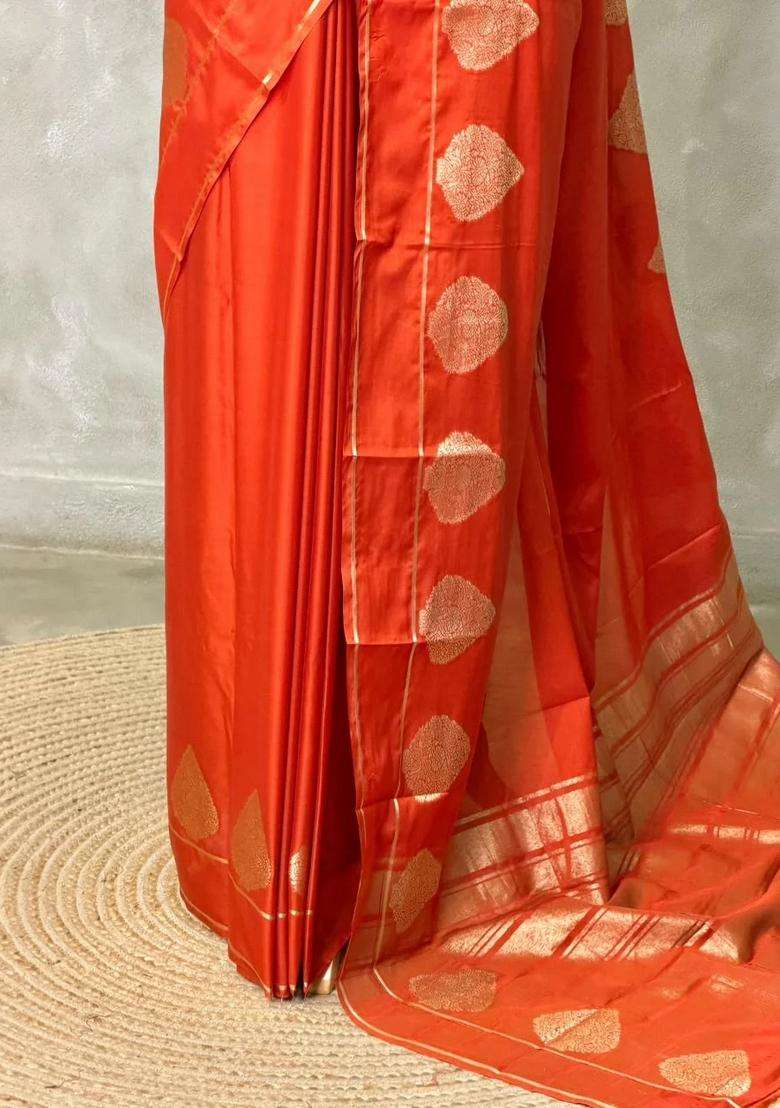 Rust Orange Crape Silk Saree With Traditional Woven Design For Women - Indya