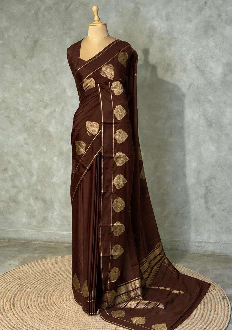 Dark Brown Crape Silk Saree With Traditional Woven Design For Women - Indya