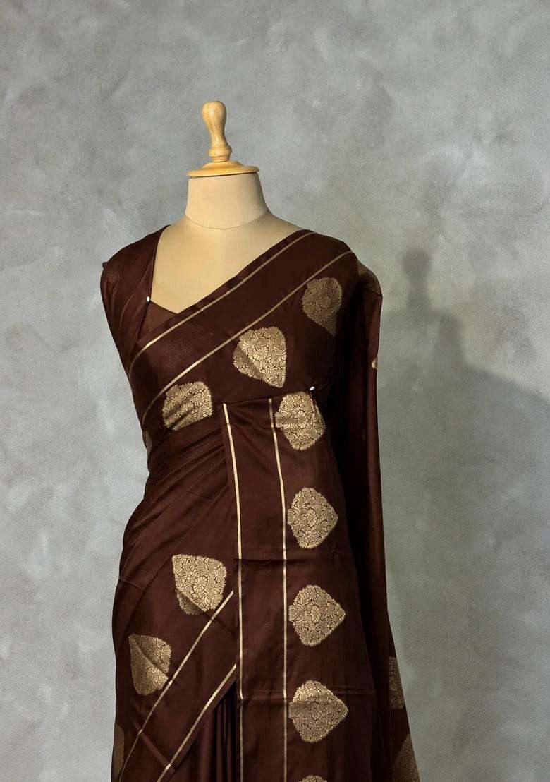 Dark Brown Crape Silk Saree With Traditional Woven Design For Women - Indya