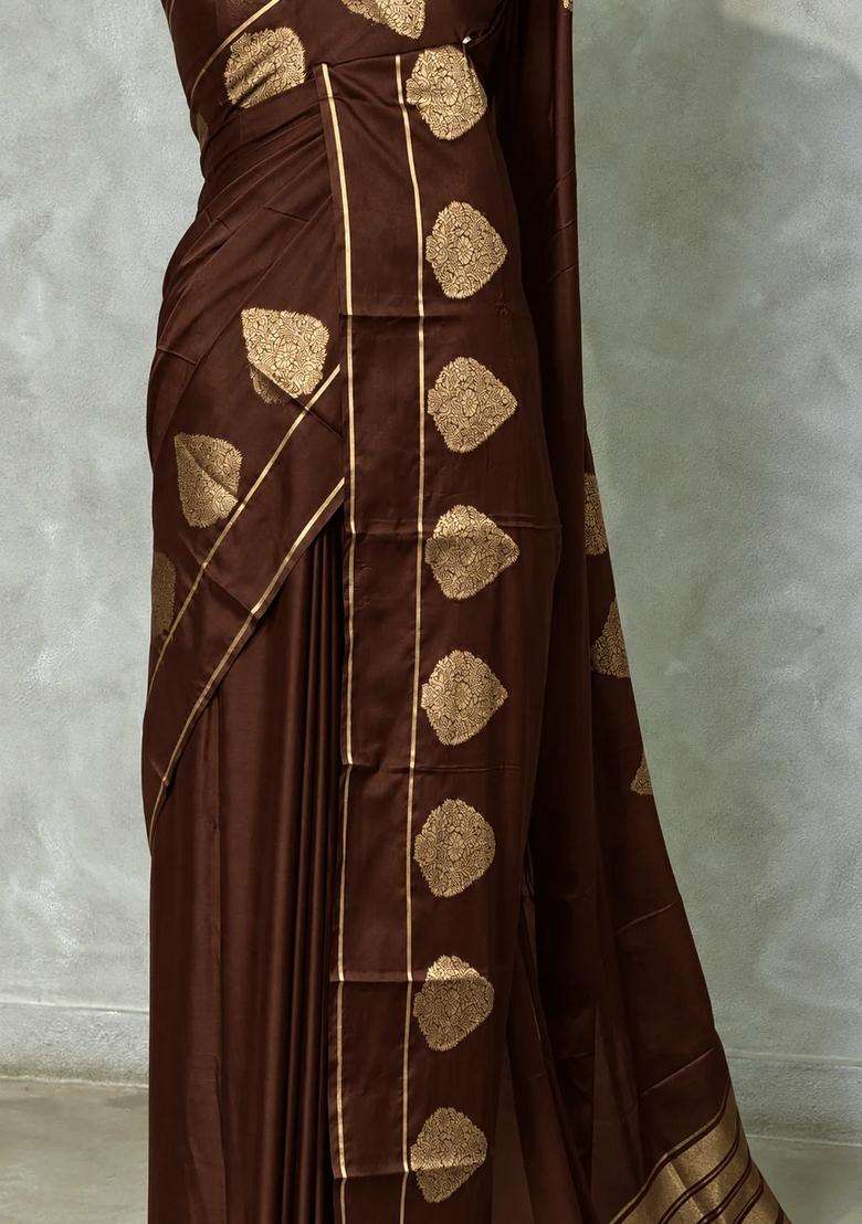 Dark Brown Crape Silk Saree With Traditional Woven Design For Women - Indya