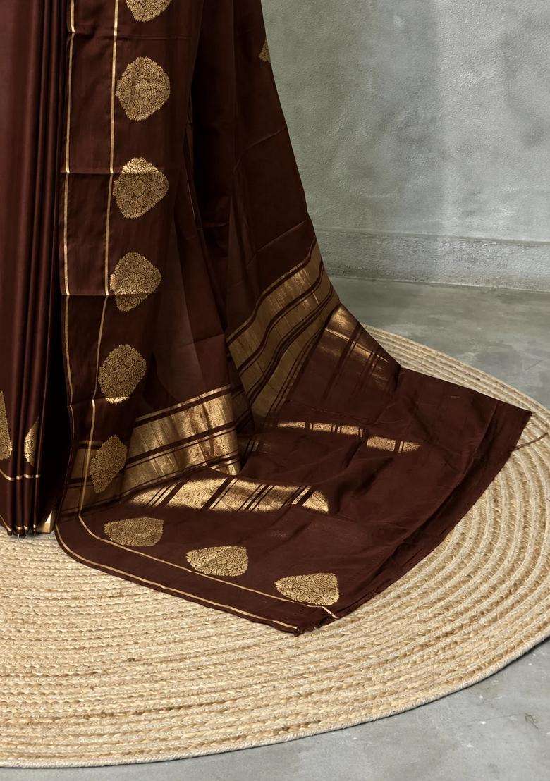 Dark Brown Crape Silk Saree With Traditional Woven Design For Women - Indya