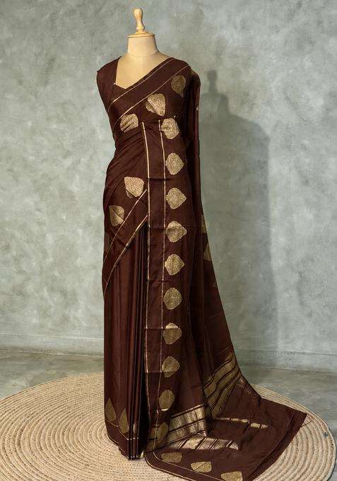 Dark Brown Crape Silk Saree With Traditional Woven Design For Women