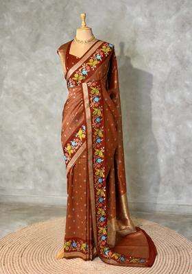 Rust Orange Banarasi Crape Silk Saree With Traditional Woven Design For Women