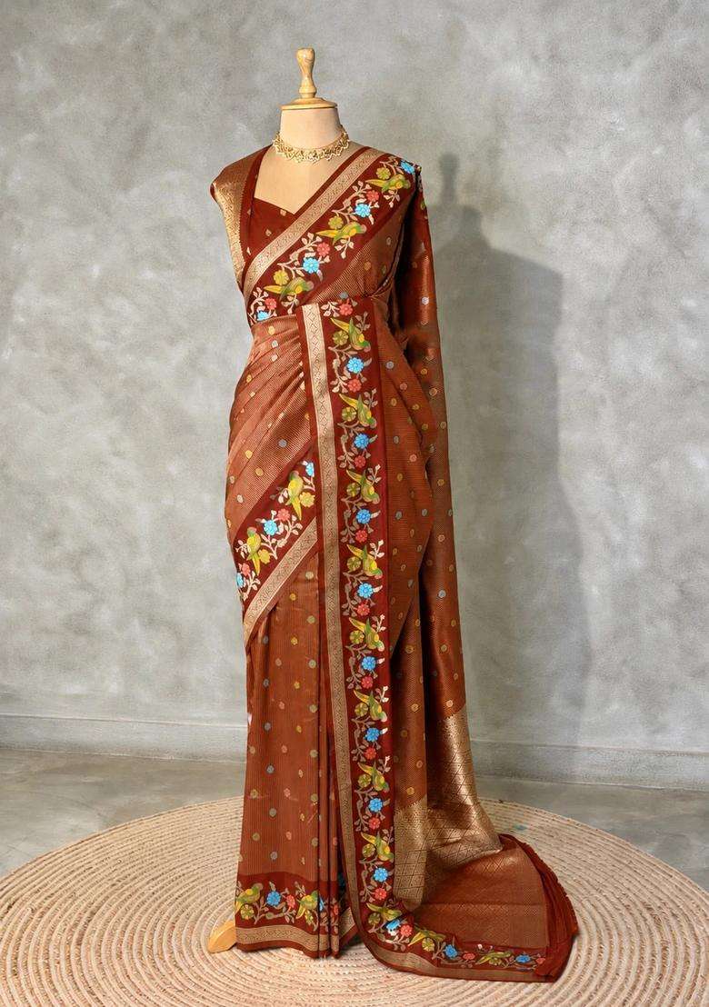 Rust Orange Banarasi Crape Silk Saree With Traditional Woven Design For Women - Indya