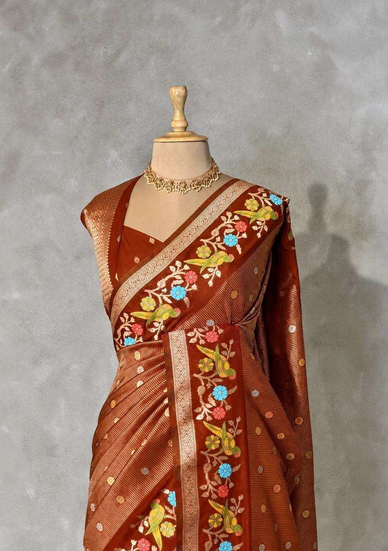 Rust Orange Banarasi Crape Silk Saree With Traditional Woven Design For Women - Indya