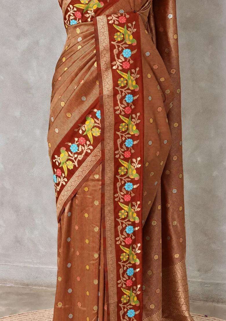 Rust Orange Banarasi Crape Silk Saree With Traditional Woven Design For Women - Indya