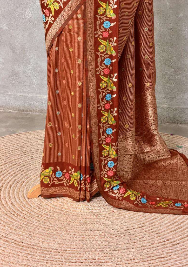 Rust Orange Banarasi Crape Silk Saree With Traditional Woven Design For Women - Indya