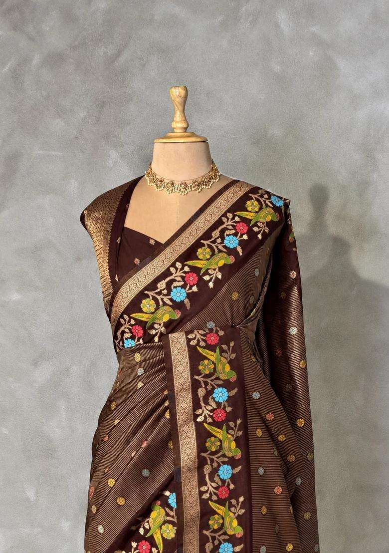 Brown Banarasi Crape Silk Saree With Traditional Woven Design For Women - Indya