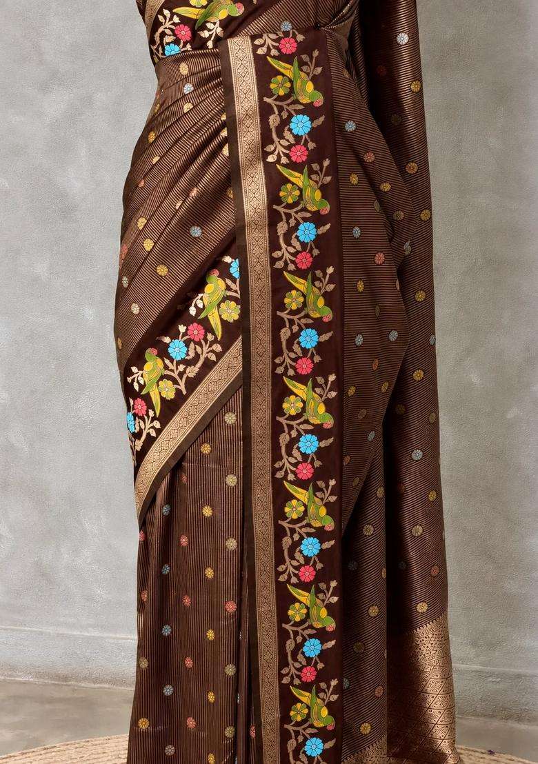 Brown Banarasi Crape Silk Saree With Traditional Woven Design For Women - Indya