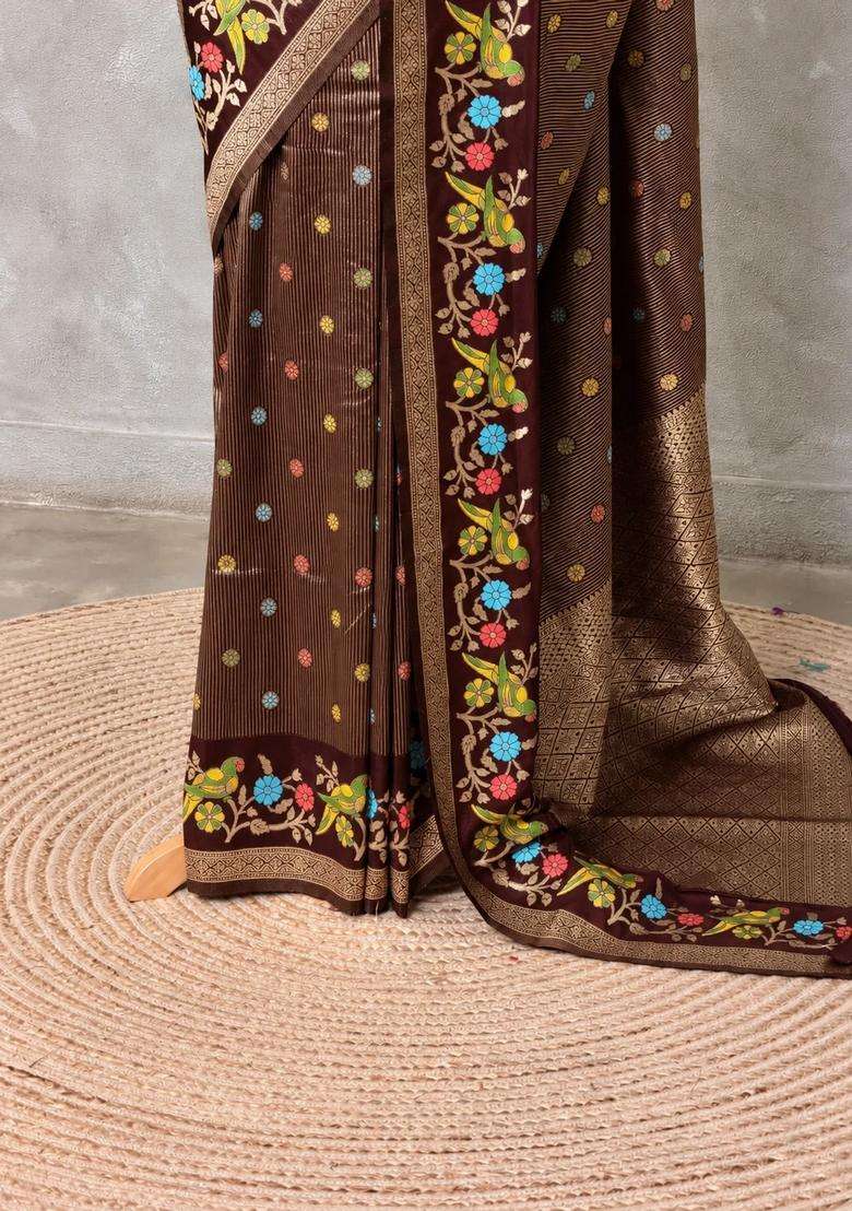 Brown Banarasi Crape Silk Saree With Traditional Woven Design For Women - Indya