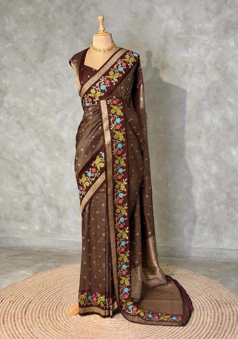 Brown Banarasi Crape Silk Saree With Traditional Woven Design For Women