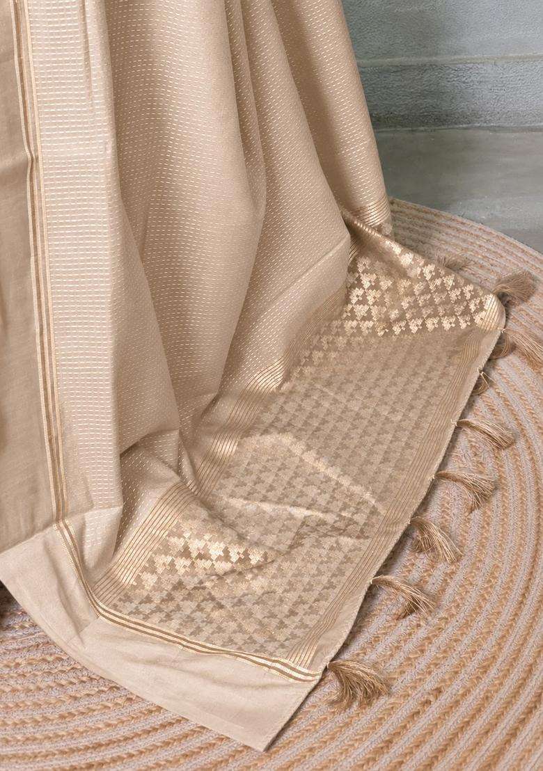 Sandal Chanderi Silk Cotton Saree With Traditional Woven Design For Women - Indya