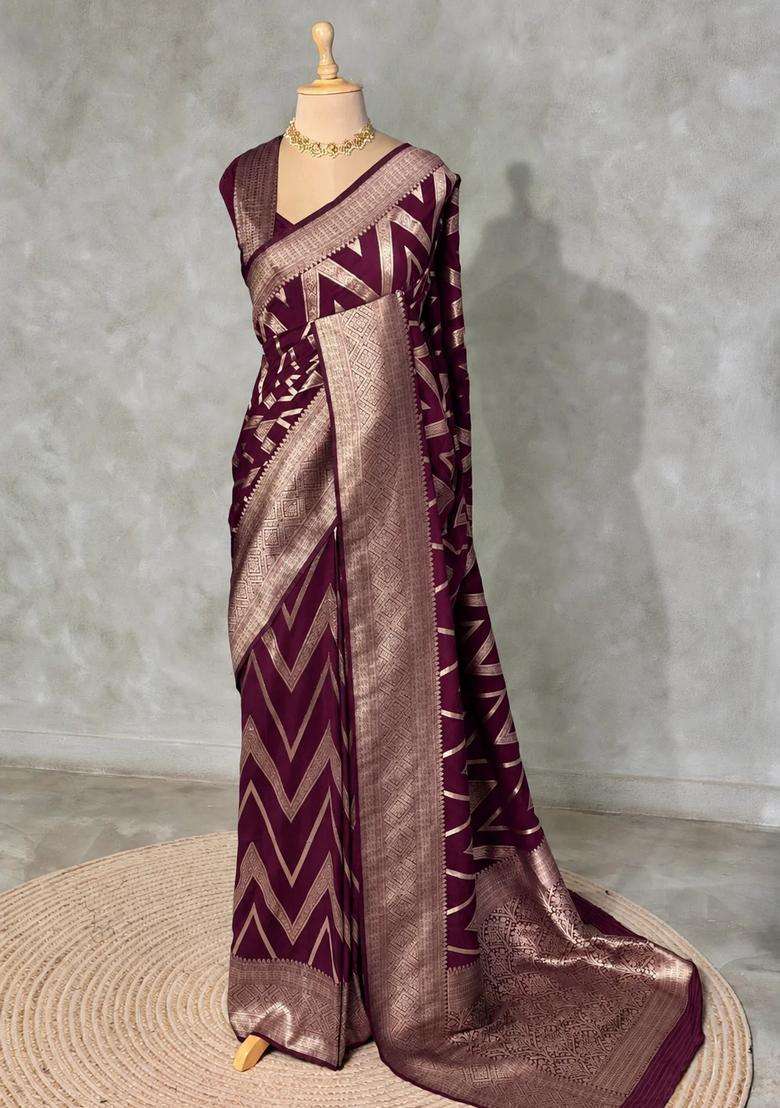 Deep Wine Banarasi Georgette Saree With Traditional Woven Design For Women - Indya