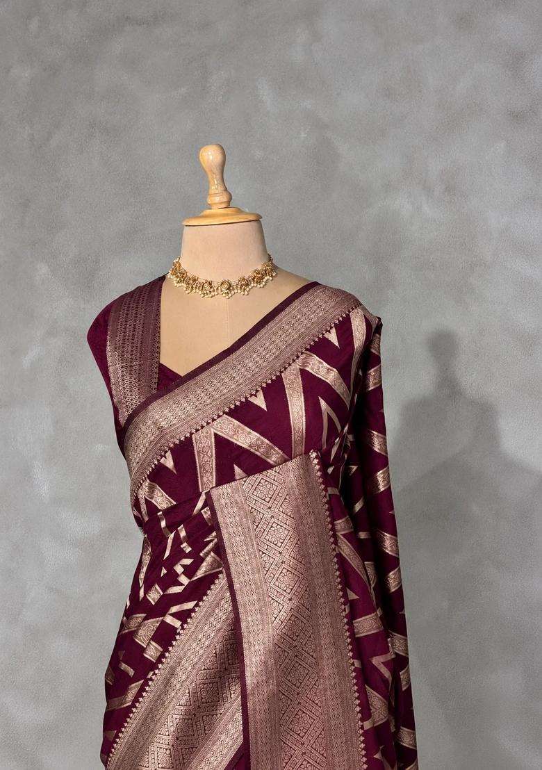 Deep Wine Banarasi Georgette Saree With Traditional Woven Design For Women - Indya