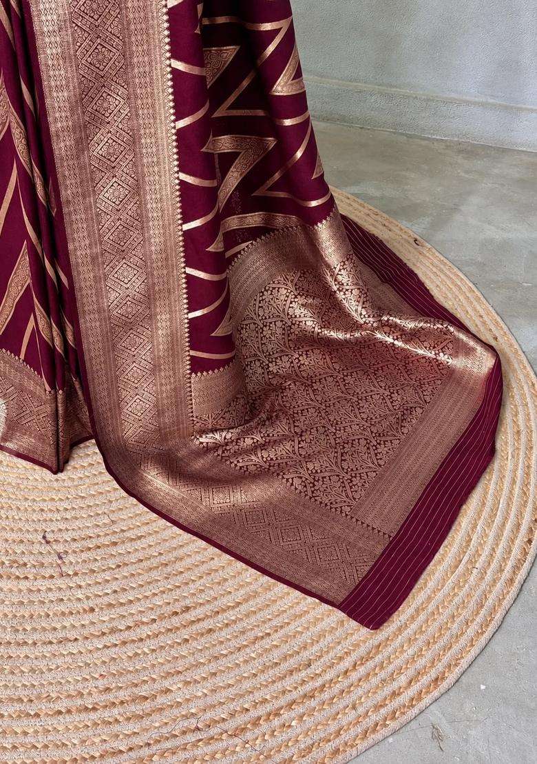 Deep Wine Banarasi Georgette Saree With Traditional Woven Design For Women - Indya