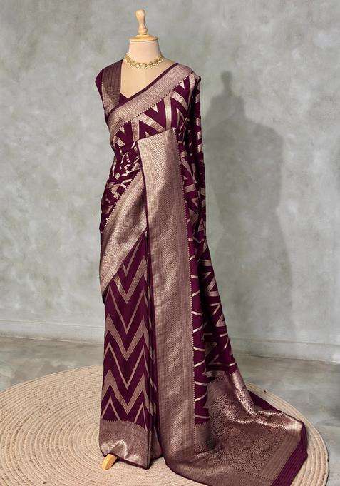 Deep Wine Banarasi Georgette Saree With Traditional Woven Design For Women