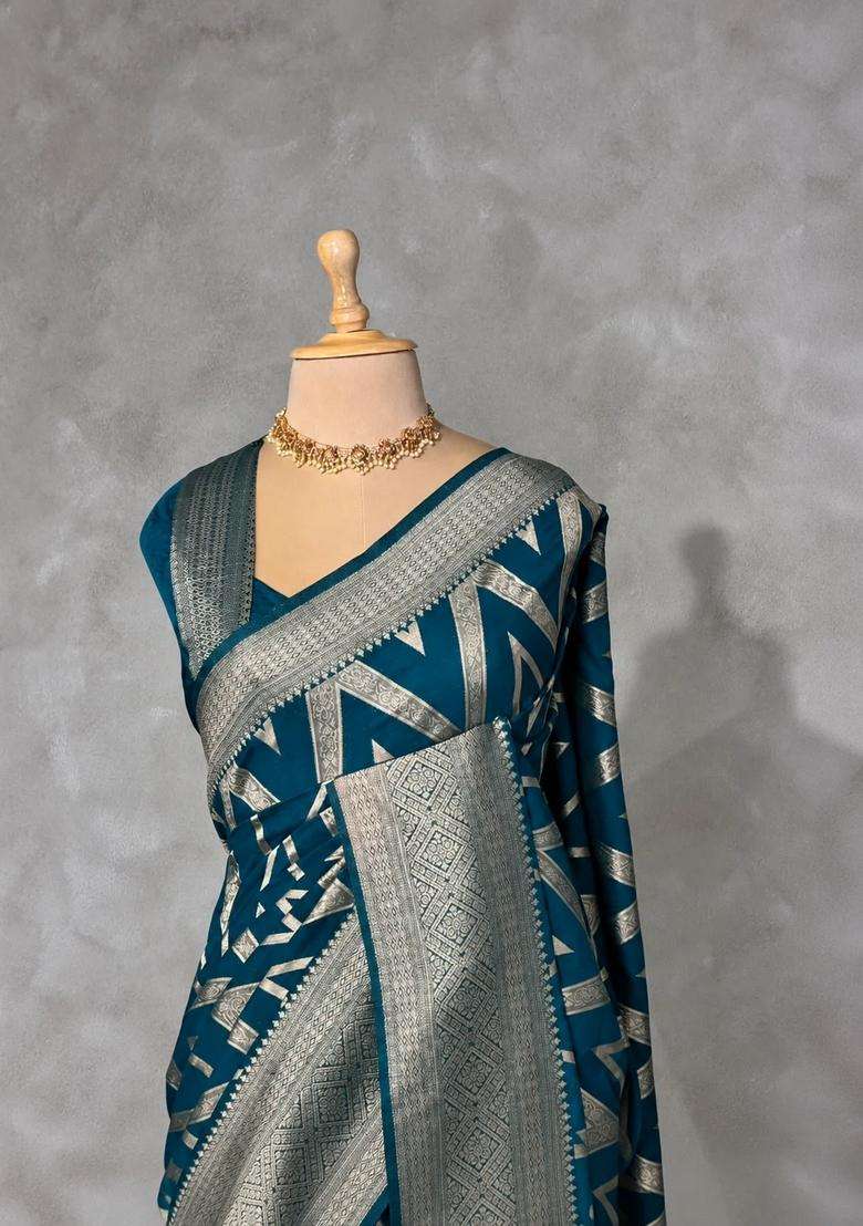 Teal Blue Banarasi Georgette Saree With Traditional Woven Design For Women - Indya