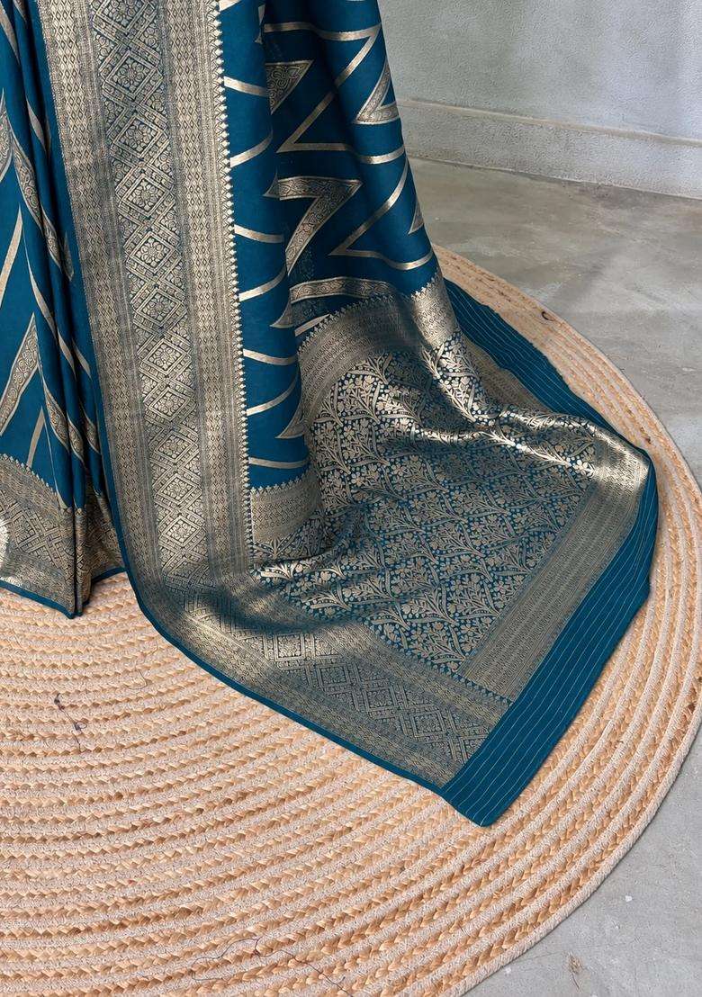 Teal Blue Banarasi Georgette Saree With Traditional Woven Design For Women - Indya