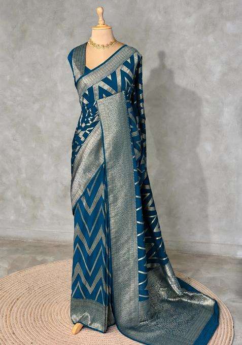 Teal Blue Banarasi Georgette Saree With Traditional Woven Design For Women